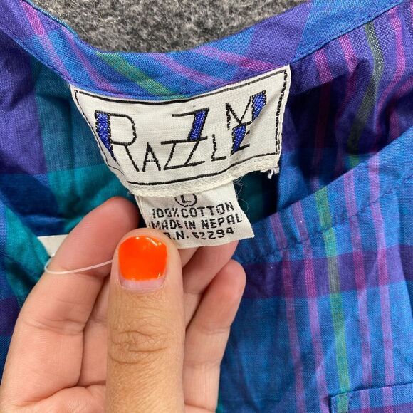 New Pazzle Blouse Women L Large Blue Plaid Sleeveless Wide Strap Round Neck - Picture 6 of 10